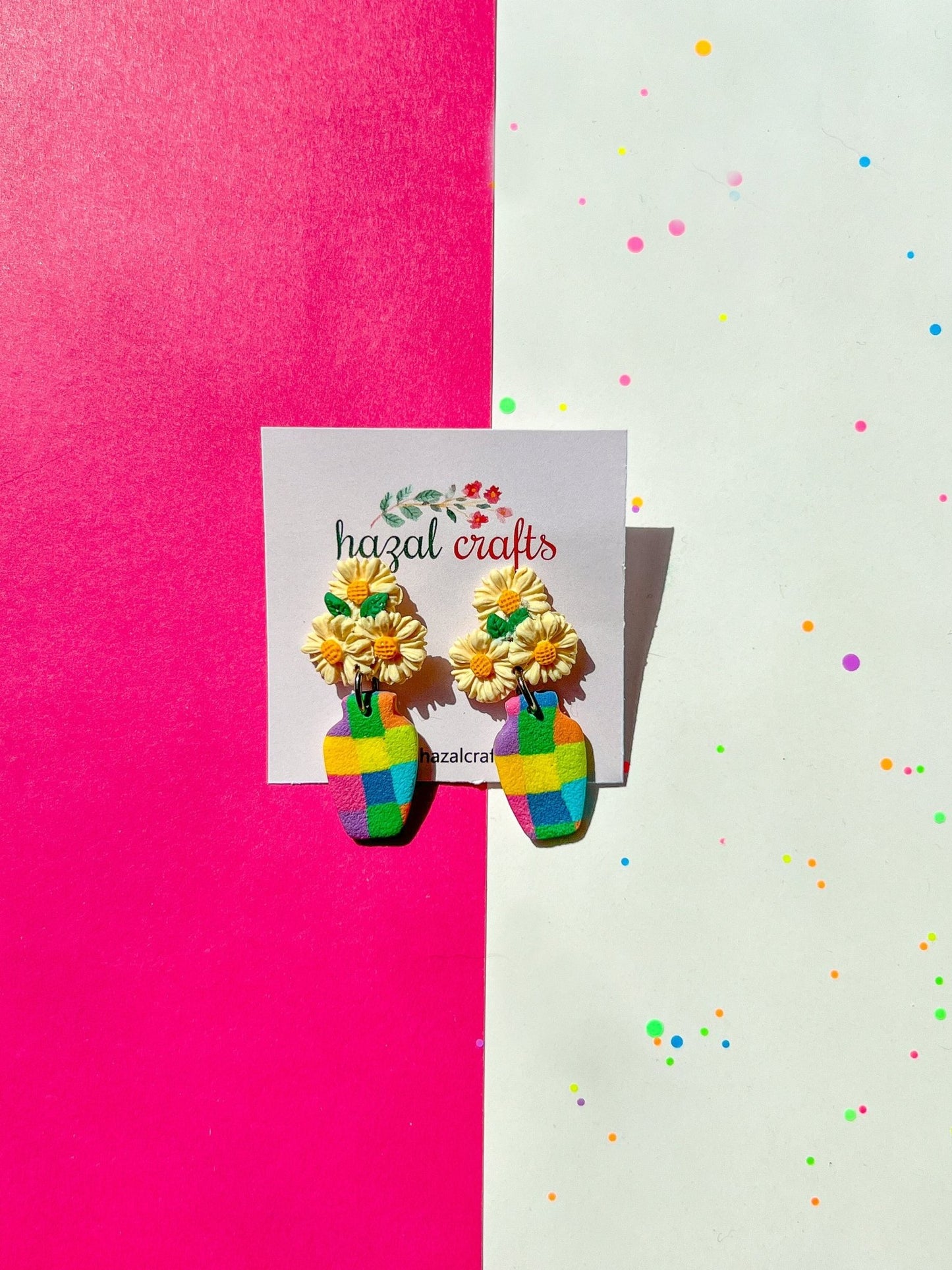 Checkered Bloom Daisy Dangle Earrings - hazalcrafts