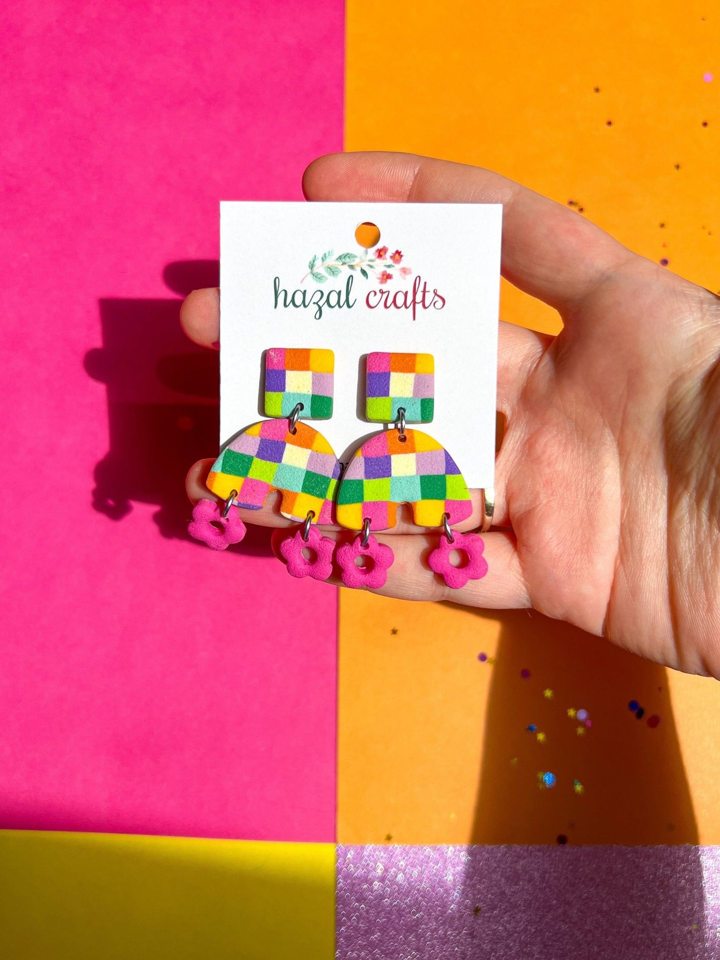 Gold & Pink Checkered Flower Dangles - hazalcrafts
