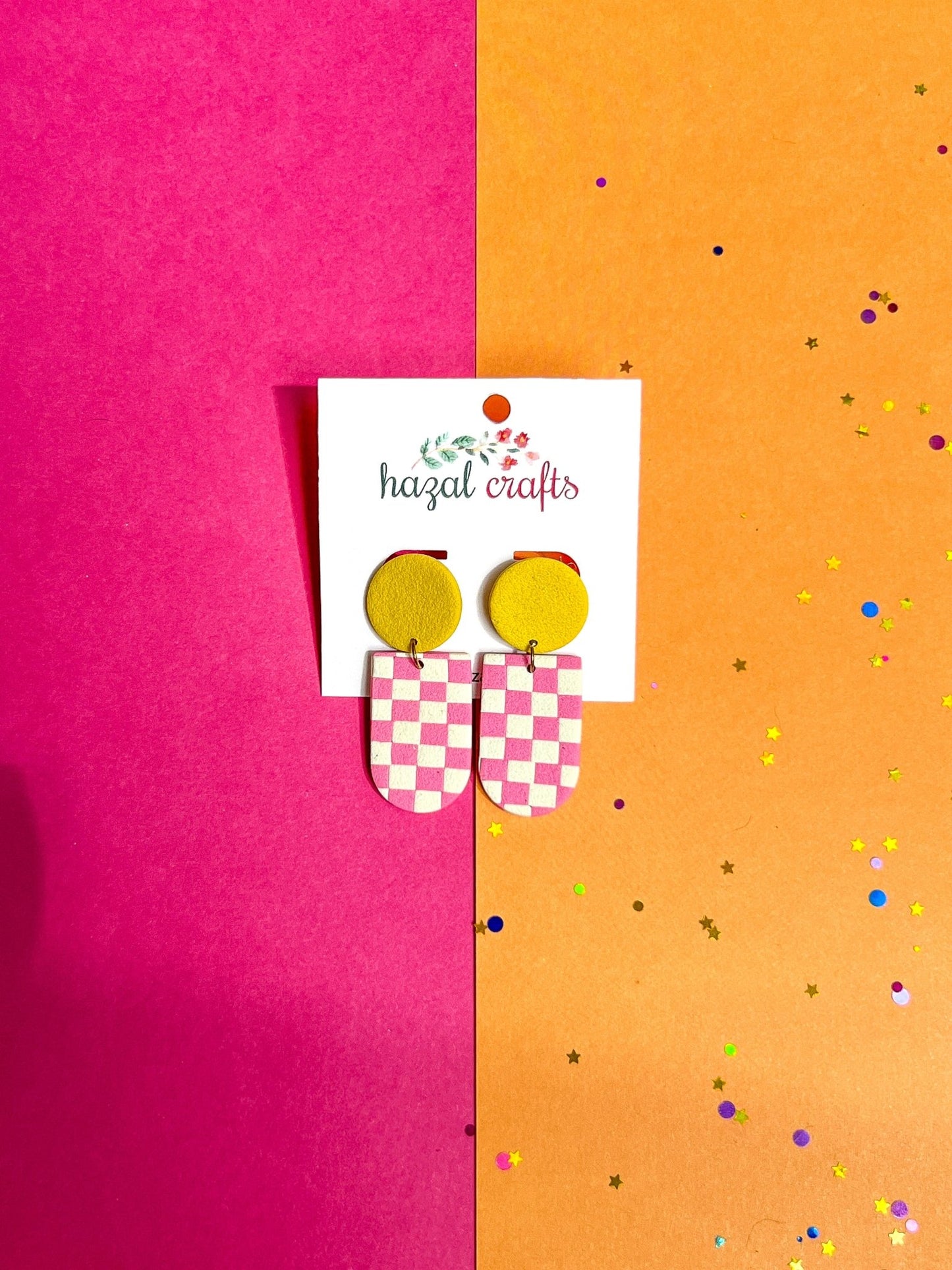 Checkered Drop Dangles Pink & Yellow - hazalcrafts