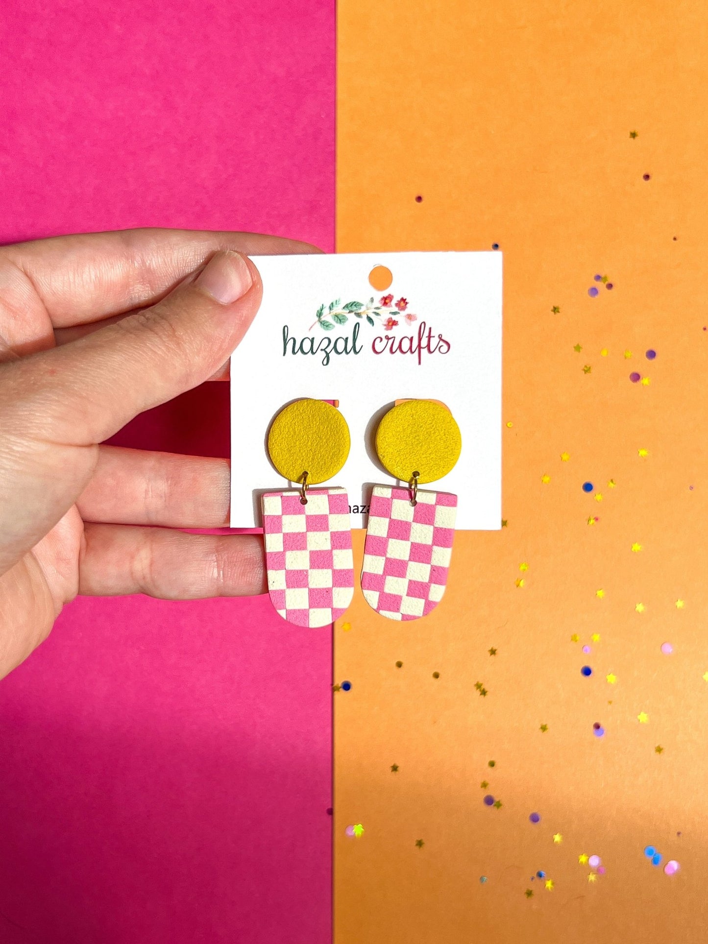 Checkered Drop Dangles Pink & Yellow - hazalcrafts