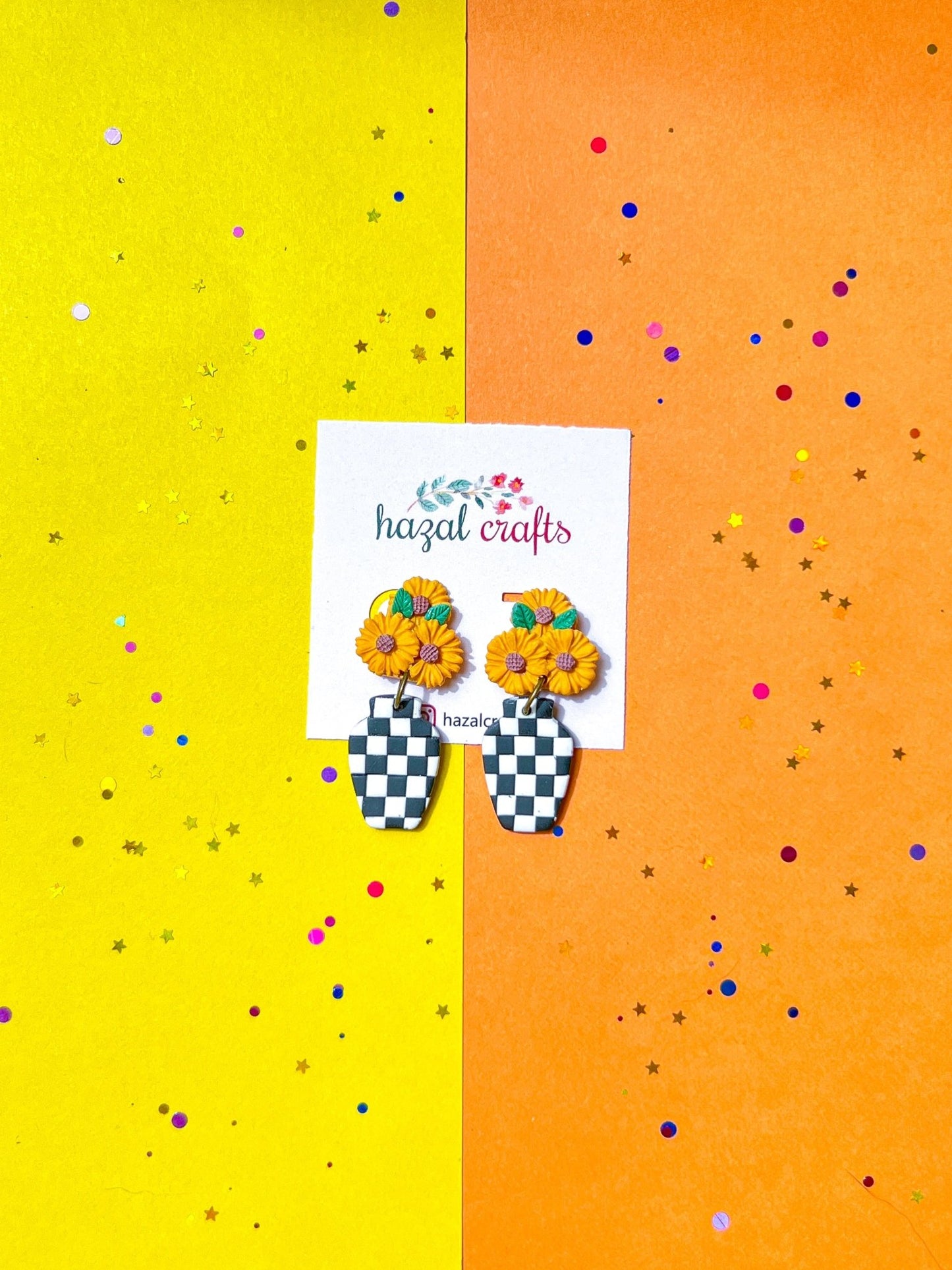 Checkered Bloom Sunflower Dangle Earrings - hazalcrafts