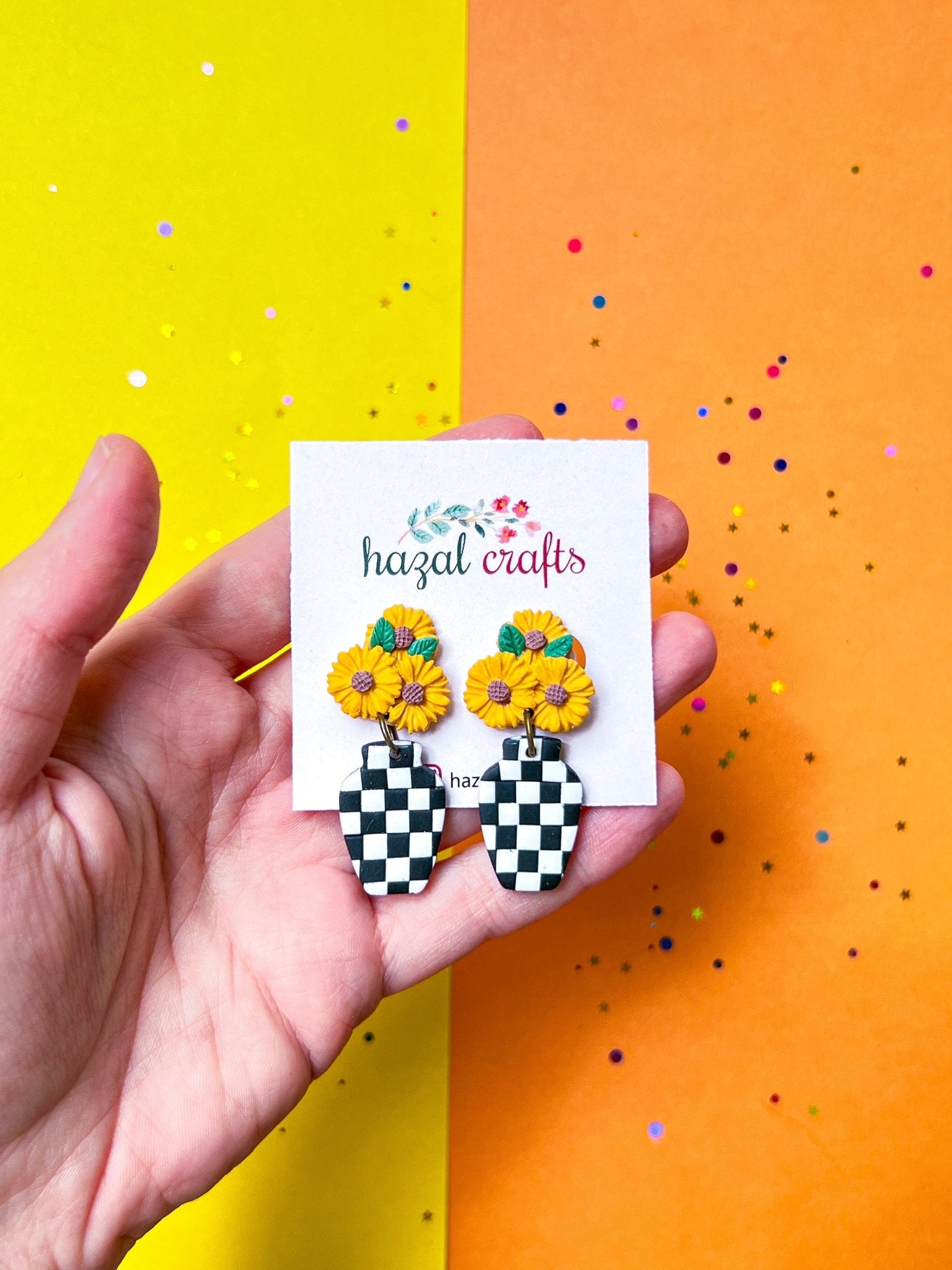 Checkered Bloom Sunflower Dangle Earrings - hazalcrafts