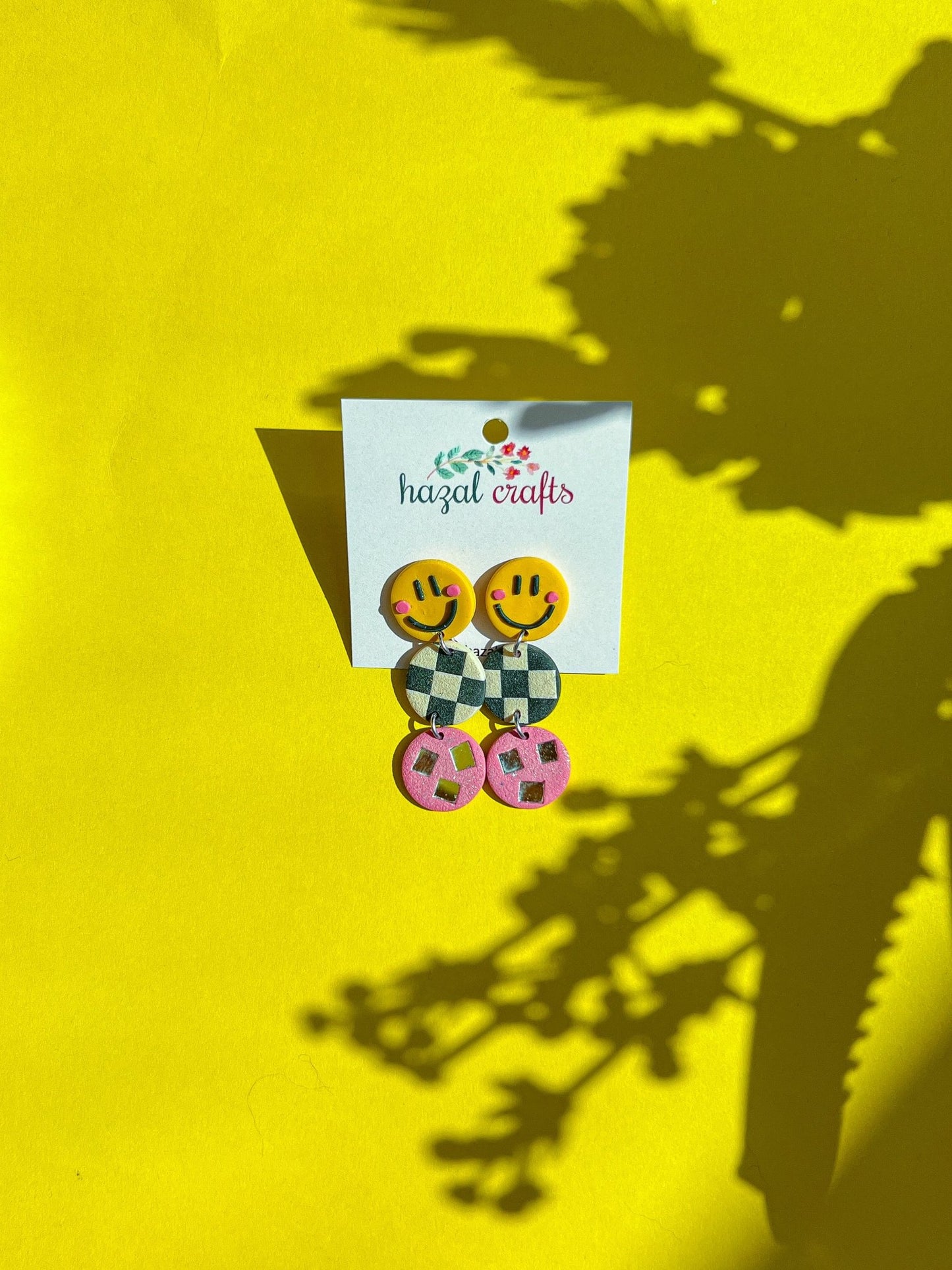 Groovy Smiley Checkered Dangle Earrings - hazalcrafts