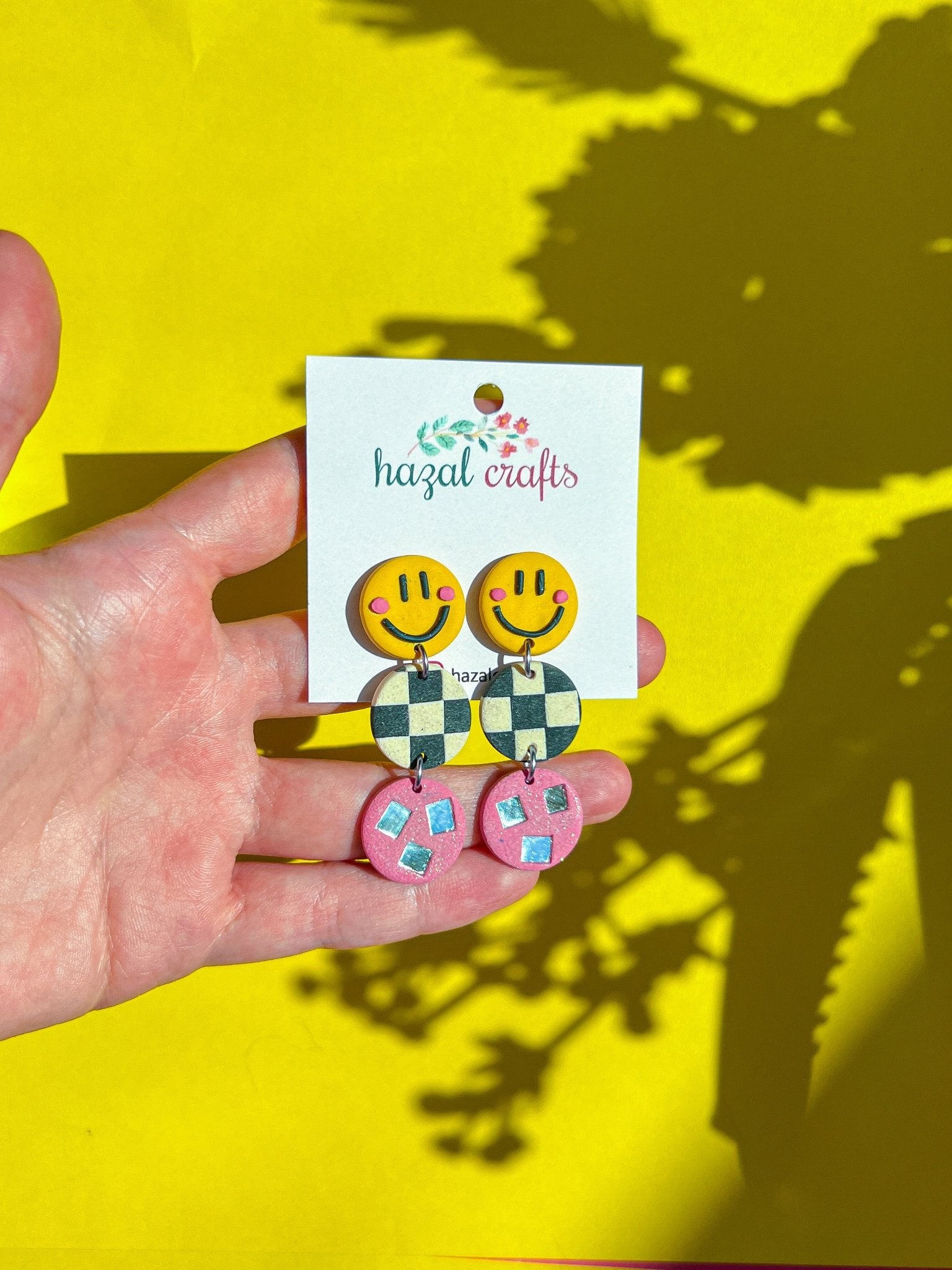 Groovy Smiley Checkered Dangle Earrings - hazalcrafts