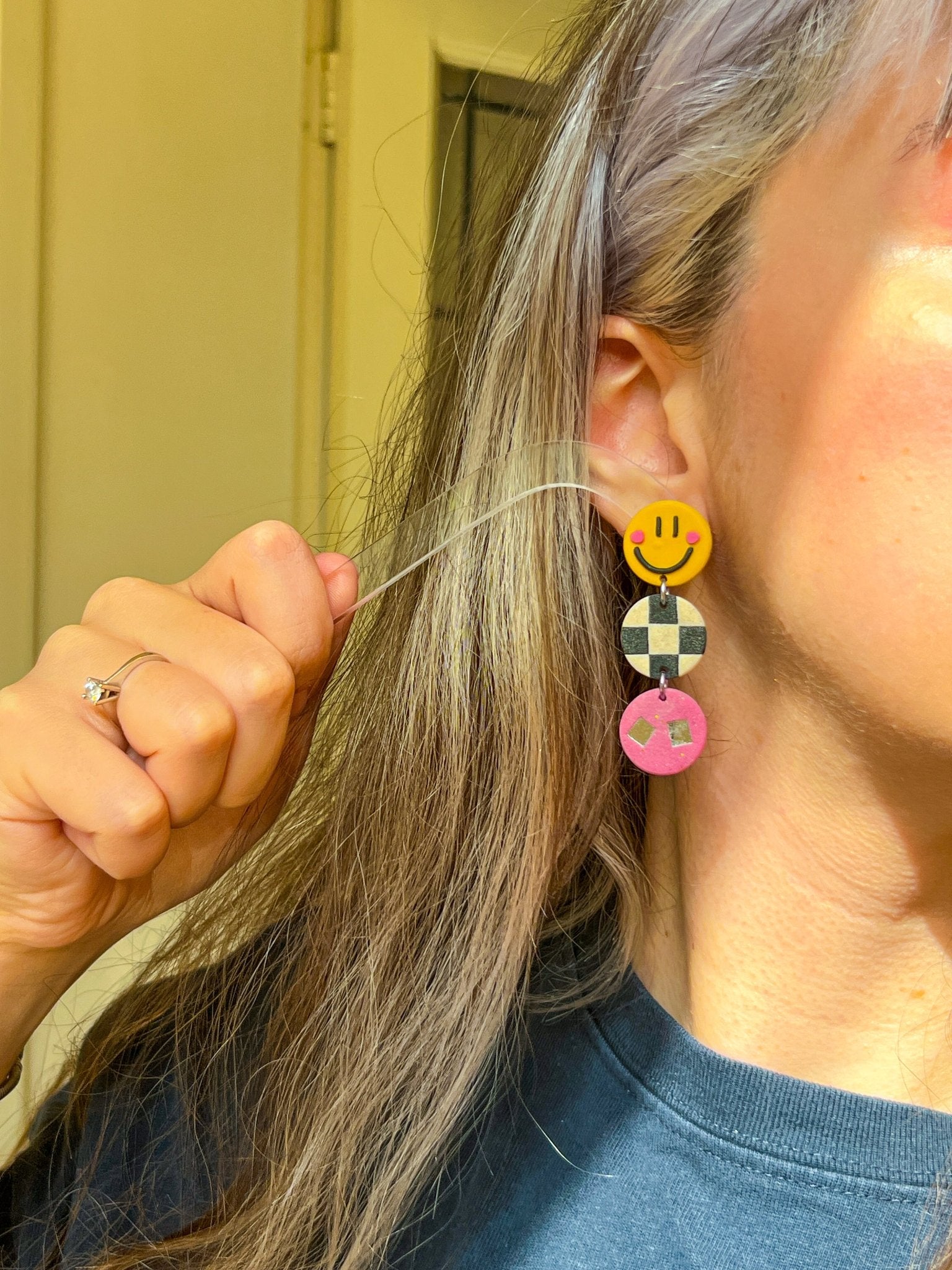 Groovy Smiley Checkered Dangle Earrings - hazalcrafts